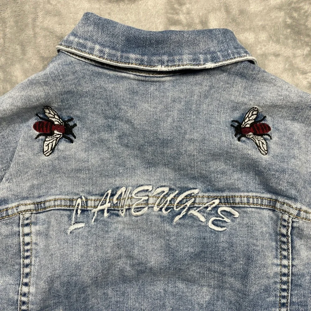 Zara Girls Embroidered Denim Jacket Light Wash Floral Bee Ladybug‎ Blue Size 14
